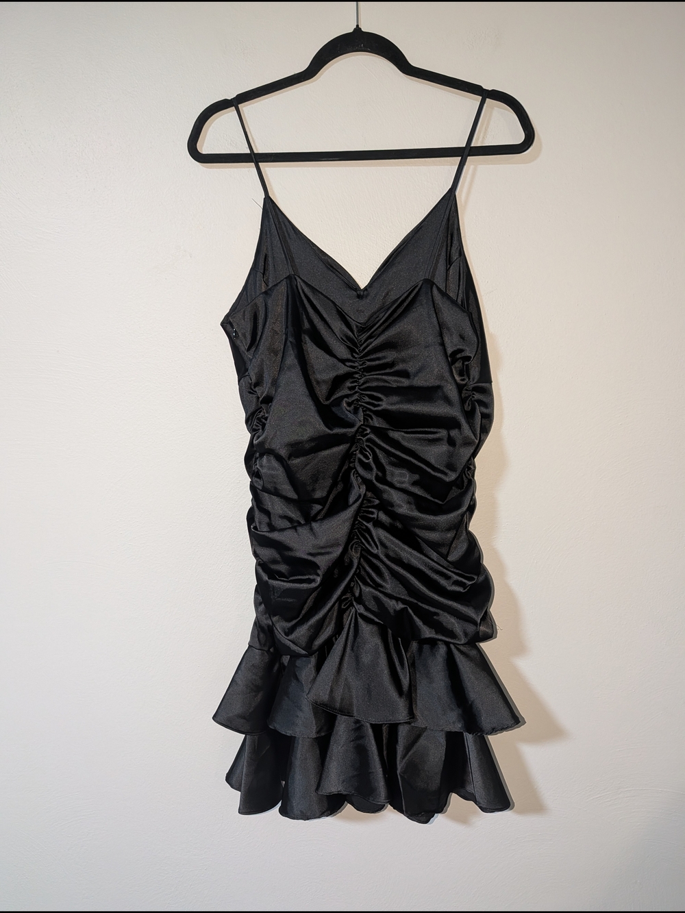 M Vintage Lenovia Black Ruched Satin Mini Dress with Ruffle Hem